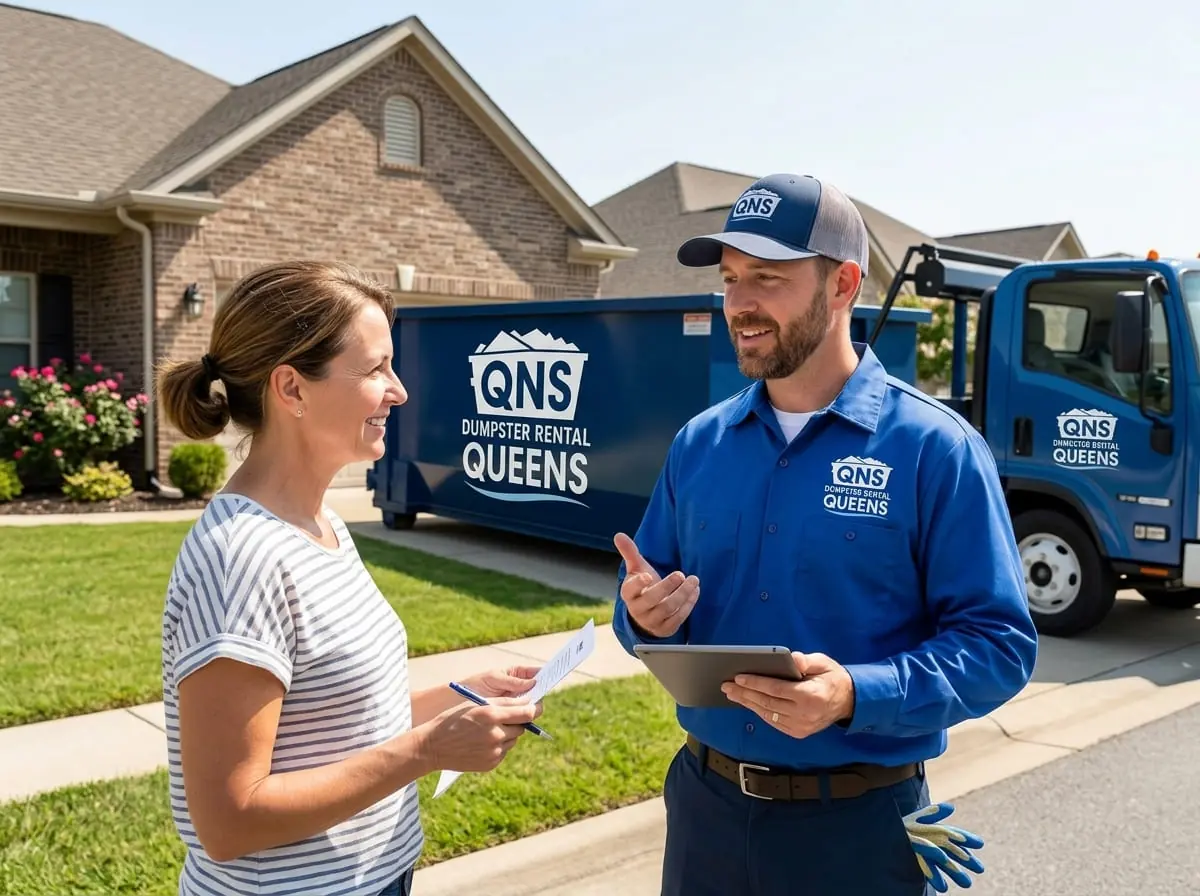 Our dumpster rental process in Long Island City Driver discussing roll-off dumpster placement on a Long Island City, NY property
