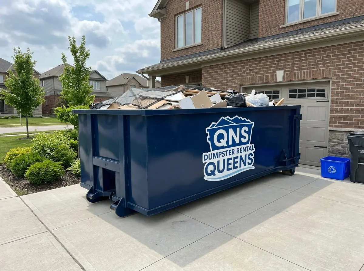 Local dumpster rental in Long Island City QNS Dumpster Rental Queens roll-off dumpster delivered to a residential driveway in Long Island City, NY