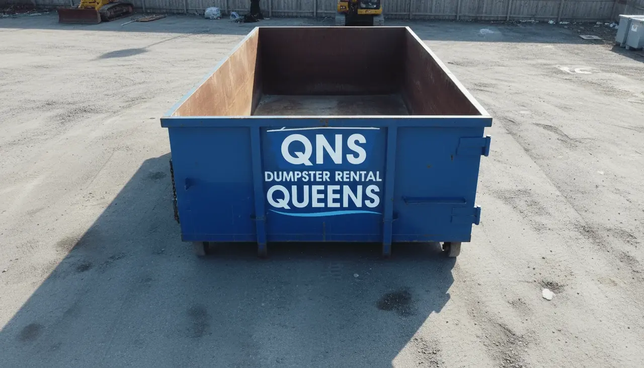 NYC disposal rules and dumpster loading Blue roll-off dumpster loaded for disposal under NYC rules in Long Island City, NY