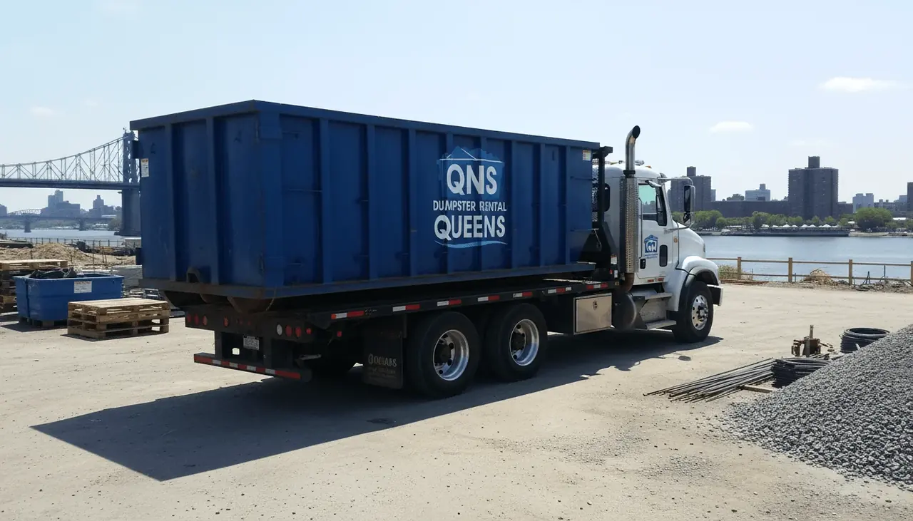 Long Island City waterfront heritage and renovation debris QNS Dumpster Rental Queens truck and dumpster on the Long Island City waterfront with the East River and Queens skyline